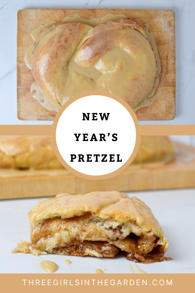 New Year's Pretzel with frosting and a cut piece ready to eat