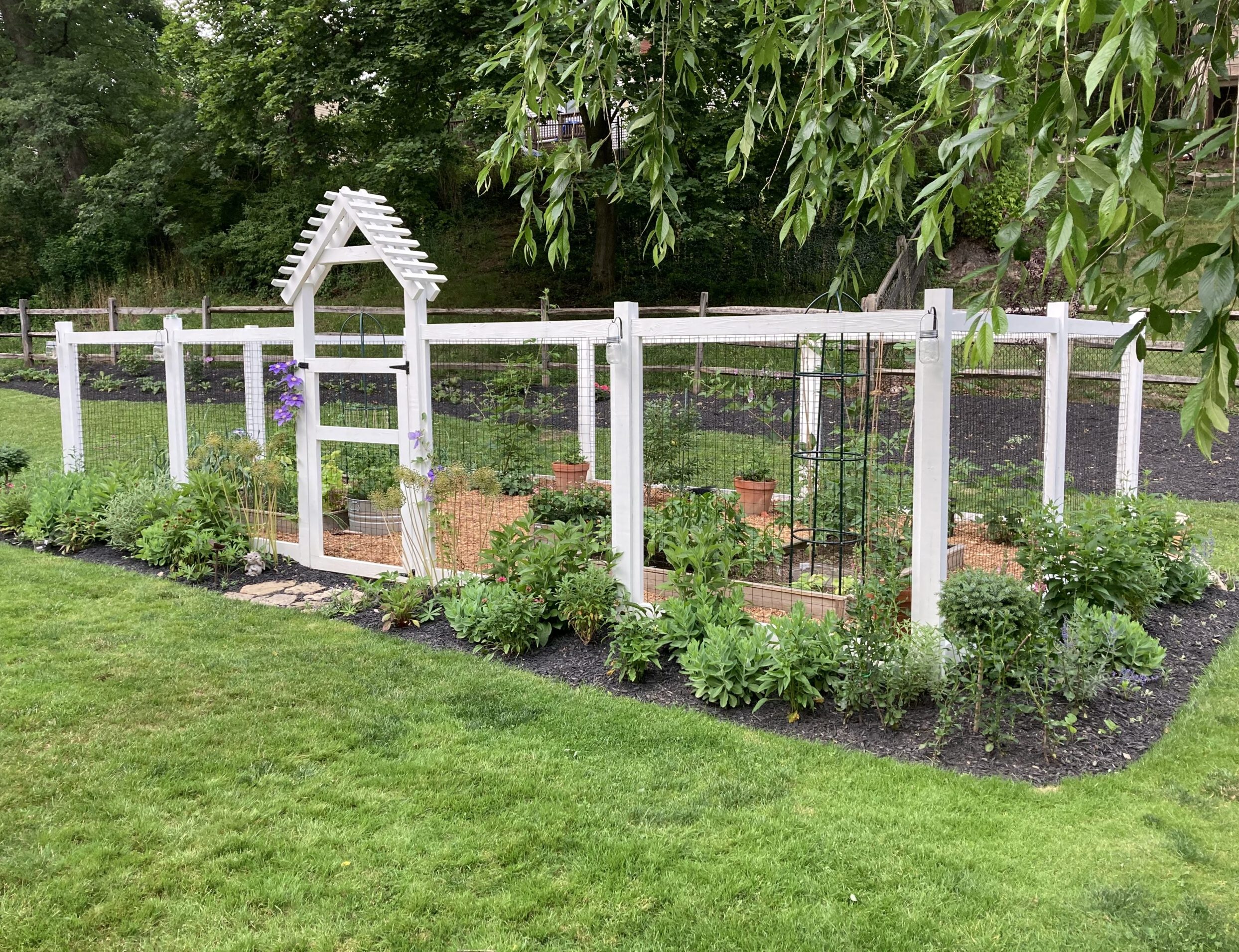 white fenced vegetable garden